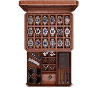 ROTHWELL 18-Fächer Uhrenkasten mit Schublade - Luxus-Uhrenbox für Herren, Echtglas-Oberteil, abschließbar, Vitrine für Sammlungen (Tan/Braun)