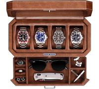 ROTHWELL 4-Fach-Uhrenbox aus Leder mit Schublade - Luxus-Schmuckkasten, Vitrine mit Schloss und Echtglas-Oberseite - Uhrenbox-Organizer für Herren & Damen (Braun)