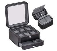 ROTHWELL Geschenkset 6 Slot Leder Uhrenbox und 2 Uhren Reiseetui - Luxus Uhrenetui Organizer, Aufbewahrungsboxen Halter Glasdeckel (Schwarz/Grau Geschenkset)