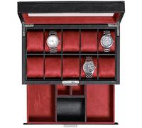 ROTHWELL Leder-Uhrenbox 10 Fächer mit Schublade, Luxus-Uhrenetui mit weichen Kissen, abschließbarer Schmuck-Uhrenhalter mit großem Glasdeckel (Schwarz/Rot)