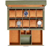 ROTHWELL Leder-Uhrenbox 10 Fächer mit Schublade, Luxus-Uhrenetui mit weichen Kissen, abschließbarer Schmuck-Uhrenhalter mit großem Glasdeckel (Grün/Hellbraun)
