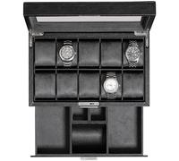 ROTHWELL Leder-Uhrenbox mit 10 Fächern, Luxus-Uhrenetui, Display-Organizer, abschließbarer Schmuck-Uhrenhalter mit Glasdeckel (Schwarz/Grau)