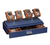 ROTHWELL Luxus-Uhren-Vitrine für 4 Uhren - Uhrenbox aus Leder mit Acryl-Abdeckung und abnehmbaren Einschubkissen - Zubehörschublade mit mehreren Konfigurationen (Blau/Hellbraun)