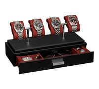 ROTHWELL Luxus-Uhren-Vitrine für 4 Uhren - Uhrenbox aus Leder mit Acryl-Abdeckung und abnehmbaren Einschubkissen - Zubehörschublade mit mehreren Konfigurationen (Schwarz/Rot)