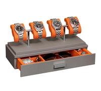 ROTHWELL Luxus-Uhren-Vitrine für 4 Uhren - Uhrenbox aus Leder mit Acryl-Abdeckung und abnehmbaren Einschubkissen - Zubehörschublade mit mehreren Konfigurationen (Grau/Orange)