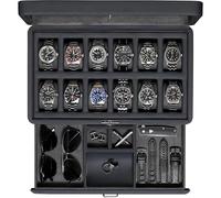 ROTHWELL Luxus Uhrenbox für 12 Uhren - PU Leder Uhrenbox mit Echtglasdeckel - Ausziehbare Zubehörschublade mit mehreren Fächern (Carbon)