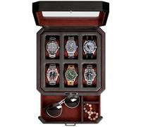 ROTHWELL Luxus Uhrenbox - PU Leder Uhrenbox mit Echtglasdeckel - Ausziehbare Zubehörschublade mit mehreren Fächern - 6 Uhren (Schwarz/Rot)