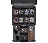 ROTHWELL Uhrenbox aus Echtleder mit 8 Fächern mit ausziehbarer Schublade, Schmuckkasten mit Schloss und Glas für Damen und Herren (Schwarz/Grau)