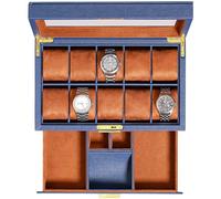 ROTHWELL Uhrenbox aus Leder, 10 Fächer, Luxus-Uhrenetui mit Schublade, abschließbarer Schmuck-Uhrenhalter mit großer Glasdeckel (Blau/Hellbraun)