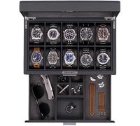 ROTHWELL Uhrenbox aus Leder mit 10 Fächern, luxuriöses Uhrenetui mit ultraweichem Mikrovelours-Innenfutter, Schmuck- und Sonnenbrillenhalter mit großer Glasplatte (Carbon)