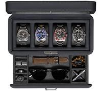 ROTHWELL Uhrenbox aus Leder mit 4 Schlitzen und Aufbewahrungsschublade - Luxus-Uhrengehäuse, Schmuck-Organizer, verschließbare Uhrenvitrine mit Echtglas-Oberseite - Uhrenbox-Organizer für Damen und