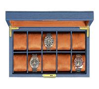 ROTHWELL Uhrenbox mit 10 Fächern - Luxus-Uhrenetui mit weichem Futter, abschließbarer Schmuckuhrenhalter mit großem Glasdeckel (Blau/Hellbraun)