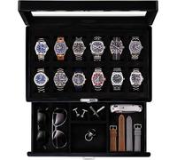 ROTHWELL Uhrenbox mit 12 Fächern, Klavierschublade, Premium-Schmuck-Vitrine, Organizer mit verschließbarer Glasplatte und Mikrovelours-Auskleidung für Damen und Herren (schwarze Innenseite)