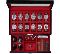 ROTHWELL Uhrenbox mit 12 Fächern, Klavierschublade, Premium-Schmuck-Vitrine, Organizer mit verschließbarer Glasplatte und Mikrovelours-Auskleidung für Damen und Herren (rote Innenseite)