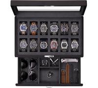 ROTHWELL Uhrenbox mit 12 Fächern, mattschwarz, mit Herrendiener-Schublade, Premium-Schmuck-Vitrine, Organizer mit verschließbarer Glasplatte und Mikrovelours-Auskleidung für Damen und Herren