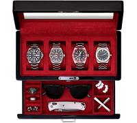 ROTHWELL Uhrenbox mit 4 Fächern, Klavierschublade, Premium-Schmuck-Vitrine, Organizer mit verschließbarer Glasplatte und Mikrovelours-Auskleidung für Damen und Herren (rote Innenseite)