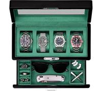 ROTHWELL Uhrenbox mit 4 Fächern, Klavierschublade, Premium-Schmuck-Vitrine, Organizer mit verschließbarer Glasplatte und Mikrovelours-Auskleidung für Damen und Herren (grüne Innenseite)