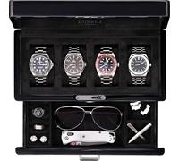 ROTHWELL Uhrenbox mit 4 Fächern, Klavierschublade, Premium-Schmuck-Vitrine, Organizer mit verschließbarer Glasplatte und Mikrovelours-Auskleidung für Damen und Herren (schwarze Innenseite)