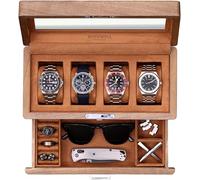 ROTHWELL Uhrenbox mit 4 Fächern, massives Walnussholz, mit Schublade, Premium-Schmuck-Vitrine, Organizer mit verschließbarer Glasplatte und Mikrovelours-Auskleidung für Damen und Herren, Hellbraun