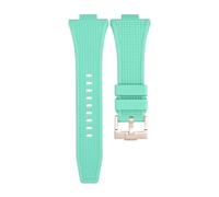 ROUHO 12mm x 26mm Konvexer Anstoß Silikon Uhrenarmband, Weiches Kautschuk Ersatzband für Tissot PRX T137.407/410-Cyan + Roségold Schließe
