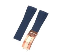 ROUHO 21mm Weicher Gummi Uhr Armband Zubehör Ersatz Einsatzverschluss Männer Uhrband für Rolex Submariner Yacht-Master-Blau + Roségold Schnalle