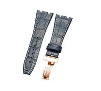 ROUHO 26 x 18mm Wasserdicht Leder Uhrenarmband Faltschließe Ersatz Uhrenarmband für Audemars Piguet Royal Oak Offshore AP15400 26320-Blau + Weiß mit Roségold Schließe