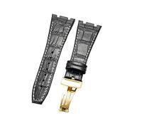 ROUHO 26 x 18mm Wasserdicht Leder Uhrenarmband Faltschließe Ersatz Uhrenarmband für Audemars Piguet Royal Oak Offshore AP15400 26320-Schwarz + Weiß mit Gold Schließe