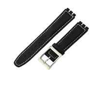 ROUHO Echtleder Uhrenarmband, Ersatz Dornschließe Damen Uhren-Armband für Swatch YCS YAS YGS-Schwarz Weiß + Silber Schließe