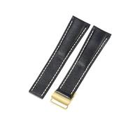 ROUHO Kontrastnaht Echtleder Uhrenarmband Ersatz Uhrenarmband für Breitling Navitimer Transocean Chronomat Superocean-Schwarz mit Gold Dornschließe 22mm
