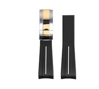 ROUREOX 20mm Gummi Uhrband - Ersatzarmband mit gebogenen Zungenenden für Rolex Submariner Green/Date Black-Weiße Linie + Zweifarbige Rose Gold Verschluss