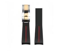 ROUREOX 20mm Gummi Uhrband - Ersatzarmband mit gebogenen Zungenenden für Rolex Submariner Green/Date Black-Rote Linie + Zweifarbige Rose Gold Verschluss