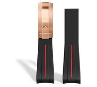 ROUREOX 20mm Gummi Uhrband - Ersatzarmband mit gebogenen Zungenenden für Rolex Submariner Green/Date Black-Rote Linie + Rose Gold Verschluss