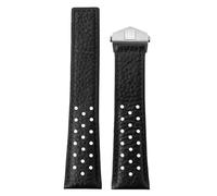 ROUREOX 22mm Vintage Leder Uhrenarmband Perforiert, Racing Leder Ersatzband mit Faltschließe für Tag Heuer Monaco Carrera-Schwarz+Schwarz+Silber