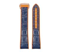 ROUREOX Echtleder Uhrenarmband Edelstahl Uhrenbuckle Verstellbarer Ersatz-Uhrenarmband Edelstahl Verschluss für Omega Seamaster Series-Blau Orange + Roségold 22mm