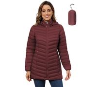 ROYAL MATRIX Packbare Pufferjacke für Damen, leicht, Winter, warm, lang, gesteppt, mit abnehmbarer Kapuze, Weinrot, Small
