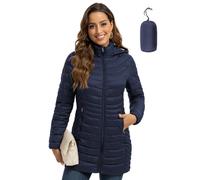 ROYAL MATRIX Packbare Pufferjacke für Damen, mit Kapuze, leicht, gesteppt, Reisemantel, langer Puffermantel mit Taschen, Marineblau, X-Large