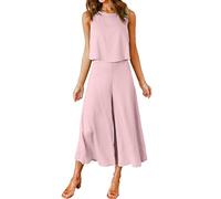 ROYLAMP 2-teiliges Sommer-Outfit für Damen, Rundhalsausschnitt, bauchfreies Basic-Top, bauchfrei, weites Bein, Hose, Set Jumpsuits, rosa/purpur, M