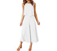 ROYLAMP 2-teiliges Sommer-Outfit für Damen, Rundhalsausschnitt, bauchfreies Basic-Top, bauchfrei, weites Bein, Hose, Set Jumpsuits, Weiss/opulenter Garten, XXL