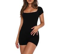 RPAEOY Damen Jumpsuit Kurz Quadratischer Ausschnitt Kurze Ärmel Stretchy Eng Bodysuit Sommer Einteiler Overalls One Piece Sexy Unitard für Yoga Gym Sport (Schwarz/M)