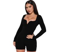 RPAEOY Damen Jumpsuit Langarm Gerippter V Ausschnitt Hosenanzug Strampler Overall Sport Playsuit Bodycon Shorts Bodysuit Sexy Sportkleidung Trainingsanzug für Yoga Workout (Schwarz,L)