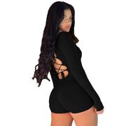 RPAEOY Damen Jumpsuit Langarm Kordelzug Rundhalsausschnitt Hosenanzug Strampler Overall Playsuit Bodycon Shorts Bodysuit Sexy Sportkleidung Trainingsanzug für Yoga Workout (Schwarz,L)
