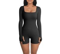 RPAEOY Damen Jumpsuit Langarm Quadratischem Ausschnitt Gerippter Hosenanzug Strampler Overall Playsuit Bodycon Shorts Bodysuit Sexy Sportkleidung Trainingsanzug für Yoga Workout (Schwarz,S)