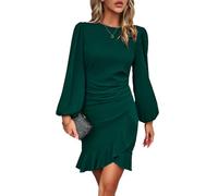 RPAEOY Damen Kleid Elegant Langarm Rüschen Bodycon Puffärmel Kurz Kleider Vintage Formal Dress Bleistiftkleid für Cocktail Abend Büro Sommer Herbst Grün XL