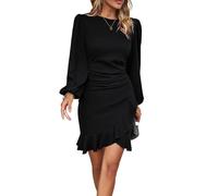 RPAEOY Damen Kleid Elegant Langarm Rüschen Bodycon Puffärmel Kurz Kleider Vintage Formal Dress Bleistiftkleid für Cocktail Abend Büro Sommer Herbst Schwarz XL