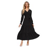 RPAEOY Damen Kleid Langarm V-Ausschnitt Swiss Dot Laternenärmel Plissee Saum Elegant Swing Boho Cocktailkleid A-Linie Casual Partykleid Maxikleid Hohe Taille Festlich Party (Schwarz,L)