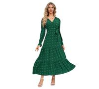 RPAEOY Damen Kleid Langarm V-Ausschnitt Swiss Dot Laternenärmel Plissee Saum Elegant Swing Boho Cocktailkleid A-Linie Casual Partykleid Maxikleid Hohe Taille Festlich Party (Grün,L)