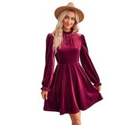RPAEOY Damen Kleid Samtkleid Puff Langarm Hoher Hals Elegant Abendkleid Minikleid Bodycon Kurz Cocktailkleid für Party Hochzeiten Festivals Partykleid Rot M