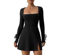 RPAEOY Damen Kleider Bodycon Mini Flare Langarm Eng Kurz Schlitz Kleid Stretch Sexy Dress De Bleistift Minikleid Kurzkleid Kleid für Club Party Abend Schwarz L