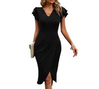 RPAEOY Damen Kleider Elegant V-Ausschnitt Rüschen Kurzärmeliges Kleid Schlitz Wrap Sommerkleid Cocktailkleid Bleistiftkleid Party (Schwarz,S)