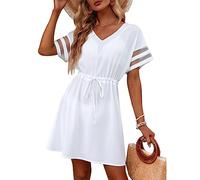RPAEOY Damen Strandkleid Chiffon V Ausschnitt Bikini Cover Up Strandponcho Strandurlaub Badeanzug Strandtunika Sommer Beach Mini Dress Beachwear Bademode Kurze Kleid (Weiß,S)